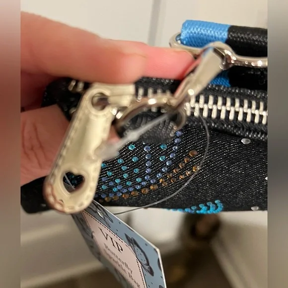 BRIGHTON VIP Sparkle Butterfly Bag Denim Crossbody Stripe Strap NWT - Picture 9 of 12